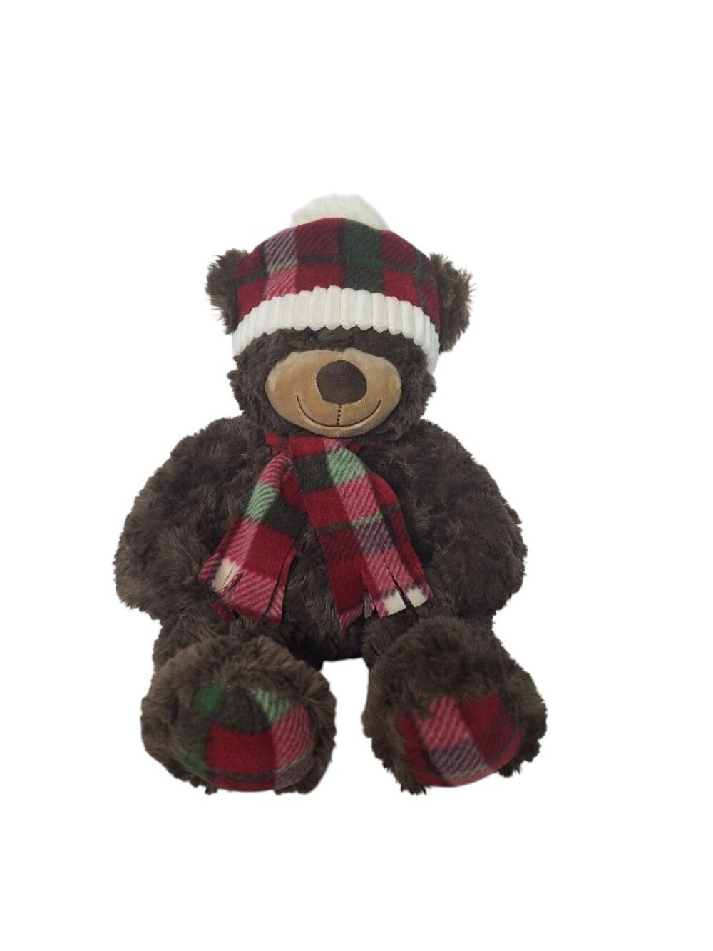 Gentle Treasures Teddy Bear Christmas Plush Winter Plaid Hat Scarf Holiday 18.5"